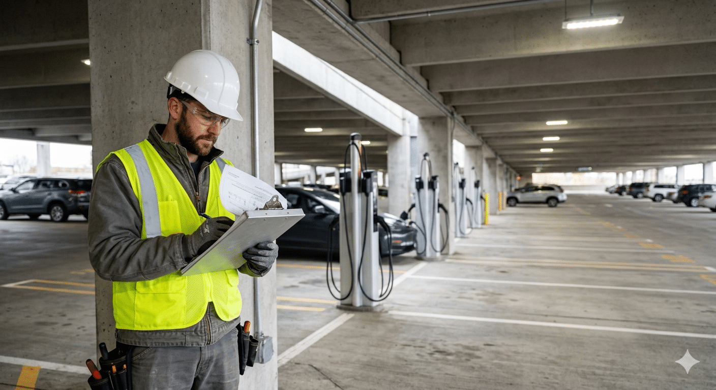 EV charging contractor inspecting commercial charger installation